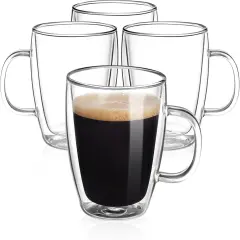 Double Wall Glass Coffee Mugs (4-Pack) - 12 Ounces Clear Glass Coffee Cups