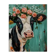 Stupell Industries Floral Cow on teal Canvas Wall Art Design by LSR Design Studio