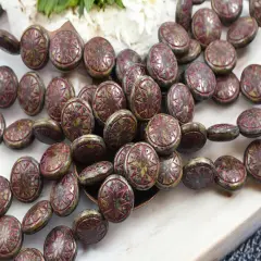 *12* 13mm Red Washed Opaque Chocolate Travertine Ishtar Coin Beads