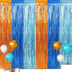 3 Pack 3.3X6.6Ft Blue Dog Foil Fringe Curtains Backdrop Decorations, Orange Blue and Light Blue Birthday Party Tinsel Metallic Streamers Photo Booth Background for Blue Dog Theme Party Supplies