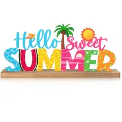 Hello Sweet Summer Metal Sign Rustic Table Decor Holiday Tiered Tray Decor with Wooden Base Freestanding Metal Word Sign for Home Tabletop Centerpiece Mantel Shelf Fireplace