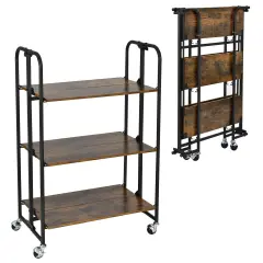 Rustic Brown Wooden Foldable Rolling Cart with Metal Frame and Storage Shelves Suitable to Any Room