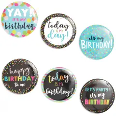 Happy Birthday Pinback Party Buttons (2.25 Inches, 6 Designs, 24-Pack)