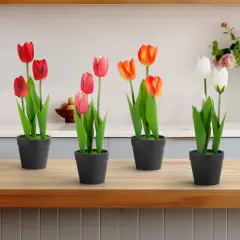 4-Pack Mini Artificial Tulip Plants &ndash; Vibrant 4-Color Faux Tulips in Pots for Indoor/Outdoor Decor, Small Fake Flowers for Home, Office, or Garden