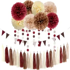 Brown Burgundy Champagne-Gold Party-Decorations - 30pcs Rustic Boho Wedding Tissue Pom-Poms Streamers ,Fall Autumn Tassel Garland Banner,Birthday Baby Bridal Shower Engagement Decor