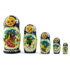 Set of 5 Family Christmas Celebration Wooden Nesting Dolls 6.5 Inches