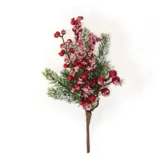 10" Red Very Berry Icy Pine Pick with Brown-Wrapped Stem Perfect Display for Vase or Bottle