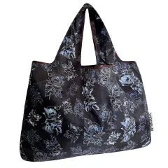 Wrapables Large Foldable Tote Nylon Reusable Grocery Bags, Black Rose Shadow
