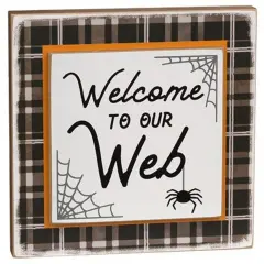 Welcome to Our Web Wooden Halloween Sign with Spiders and Web Design