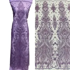 1 Yard Beaded Lace Fabric, 52" Embroidered Polyester Net Mesh Fabrication Lilac