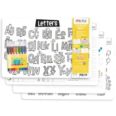 merka 4 Pack Educational Placemats for Kids with 7 Dry Erase Markers, Toddler Placemats for Dining Table, Tracing Activity Learn to Write Alphabet, Letters, Numbers and Coloring Multicolor
