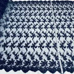 1 Yard Elegant Beaded and Corded Lace Fabric Embroidered on Polyester Net Mesh 54" Width Navy