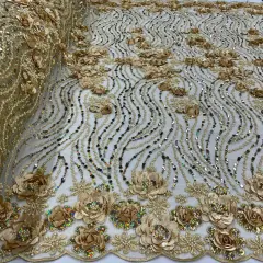 1 Yard Yellow 3D Floral Beaded & Sequined Lace Fabric, Embroidered Sparkling Mesh, 52" Wide, Polyester Gold