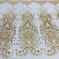 1 Yard Beaded Lace Fabric on 100% Polyester Net Mesh, Embroidered Lace Materia, 52" Wide Gold