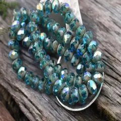 *25* 6x8mm Pacific Blue AB Picasso Fire Polished Rondelle Beads