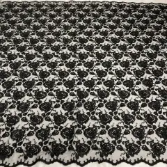 1 Yard Beaded Corded Bridal Lace Fabric Embroidered Net Mesh Black 51" Width