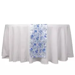 White 12x108 in Satin TABLE RUNNER Blue Floral Design Party Events Decorations