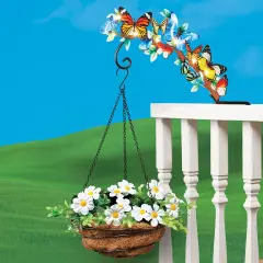Collections Etc Solar Lighted Butterflies Planter Hook with Coco-Lined Hanging Basket