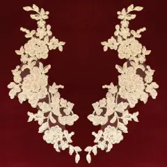 1 Pair Beaded & Corded Floral Lace Applique on 100% Polyester Net Mesh 13" x 3" Each Side White