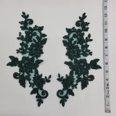 1 Pair Beaded & Corded Floral Lace Applique 100% Polyester Net Mesh 12.5" x 5" Each Side Hunter
