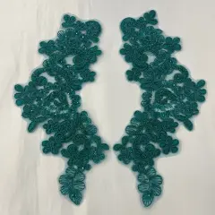 1 Pair 9" x 3" Each Side Beaded & Corded Floral Lace Applique Organza Jade Color