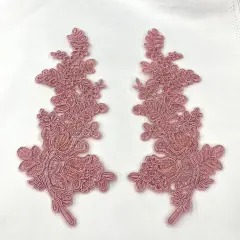 1 Pair Beaded & Corded Floral Lace Applique 100% Polyester Net Mesh 12" X 3.5" Each Side Dusty Rose Color