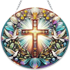 Christian Cross Dove Diamond Art Acrylic Hanging Kit for Adults, Religious DIY Special Shaped Diamond Painting kits Window Pendant Ornament(Peace Dove and Cross)