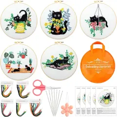 5 Sets Embroidery Starter Kit with Black Cat Patterns and Instructions