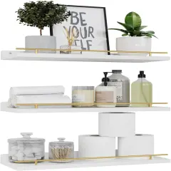 Floating Shelves with Gold Metal Guardrail, Shelves for Wall Decor Set of 3, Wall Shelves for Bedroom, Bathroom, Kitchen, Living Room, Plants, Picture Frames, Art- White and Gold