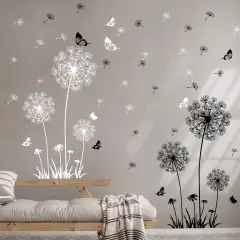 Supzone Dandelion Wall Stickers Flower Wall Decals Butterflies Flying Wall Decors Art Stickers for Bedroom Living Room Sofa Backdrop TV Wall Decor (White Black)