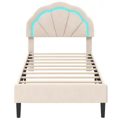 Beige Velvet Bed Frame with LED Lights, Petal Headboard and Adjustable Height