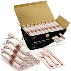 SparkSettings Plastic Silverware, 50 Pre Rolled Napkin and Cutlery Set Rose Gold