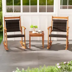Costway 3PCS Patio Rattan Rocking Chair Bistro Set Acacia Wood Frame Armrest