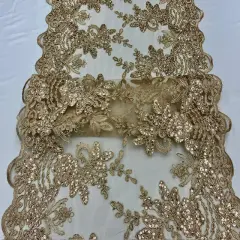 1 Yard Champagne Sequin Lace Fabric 100% Polyester Embroidered Mesh for Bridal & Evening Wear