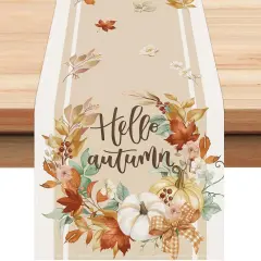 Fall Pumpkin Table Runner 13x90 Inch Hello Autumn Wreath Floral