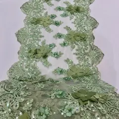 3 Yard Sequin 3D Lace Fabric 33cm Wide Polyester Embroidered Mesh with Pearls & Scalloped Edge Sage