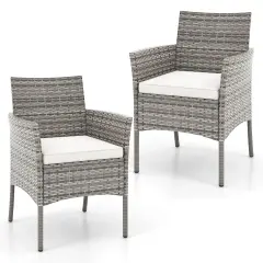 Costway Set of 2 Patio Rattan Arm Dining Chair Cushioned Sofa Furniture White