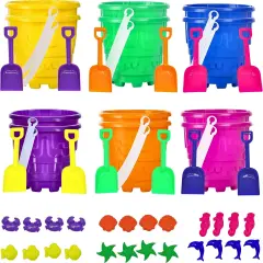 4E's Novelty 12 Sets Beach Toys - Includes 12 Sand Buckets, 12 Shovels, 24 Sand Molds for Kids - Small 5.75" Beach Buckets Bulk for Summer Party Favors, End of Year Student Gifts Toys