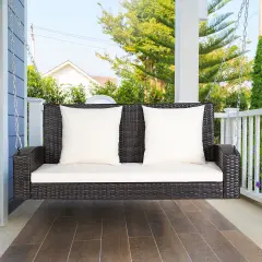 Costway 2-Person Patio Rattan Hanging Porch Swing Bench Chair Cushion Beige\Black\Red\Turquoise