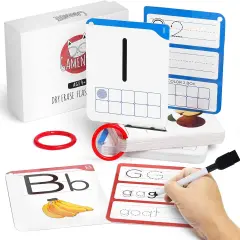 Dry Erase Alphabet and Number Flash Cards (47 Flashcards with 2 Rings and Marker)