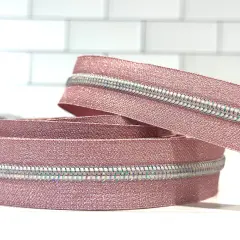 Pink Metallic Zipper Tape with White Iridescent Teeth