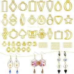 LET'S RESIN 172 pcs Open Bezels for Resin, 2 Size 36 Styles of Gold Hollow Frame Pendants Bezels with 100pcs Jump Rings, Unique Resin Bezels for Jewelry Making, Necklaces Earrings Making Supplies