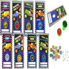Tiny Mills 36 PACK Monster Truck Cards with Monster Truck Stampers for Valentine's Day Classroom Exchange Favor Prizes