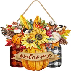 Fall Floral Welcome Sign Thanksgiving Wooden Hanging Door Sign(Gold, Red, and White)