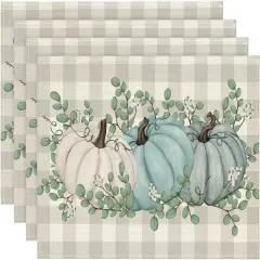 Set of 4 Pumpkins Eucalyptus Leaves Fall Placemats - 12x18 Inch (Blue)