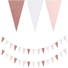 Pink-White Rose-Gold Party Decorations Banner - 2 Pack Engagement Baby Bridal Shower Paper Pennant Triangle Flags, Girl Birthday Bachelorette Mothers Day Wedding Bunting