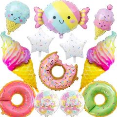 12 PCS Large Donut Candy Ice Cream Theme Balloons, Ice Cream Party Decorations, Foil Mylar Balloons for Summer, Hawaii, Birthday, Baby Shower Party Supplies