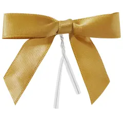 100-Pack Twist Tie Bows for Crafts, Pre-Tied Satin Ribbon for Christmas Gift Wrap Bags, Party Favors, Baked Goods, Cookies, Mini Bowties for Hair Decorations (2.5x3 in, Metallic Gold)