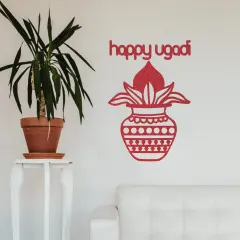 Ugadi Wall Decor Mangal Kalash Happy Ugadi Text Sticker Decorative Cutout Diy Indian Backdrop Traditional Telugu New Year Wall Decor Puja Mandir Ugadi Celebration Spiritual Gift Red