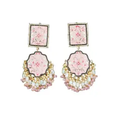 Oversized Indian Jhumka Earrings &ndash; Square Stud Jhumki, Ethnic Chandbali with Floral Print & Faux Pearls &ndash; Bollywood Dangle Jewelry for Women, Bride & Birthday Gift LIGHTPINK
